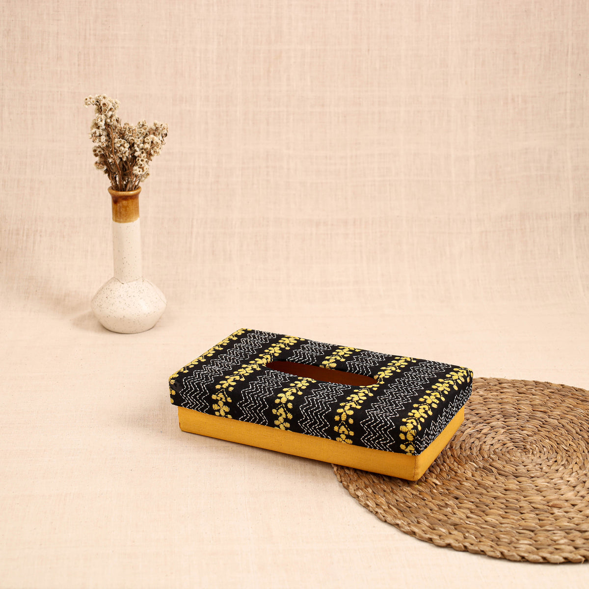 Yellow - handcrafted bengal kantha work tissue box 03