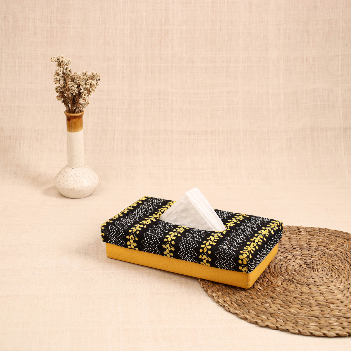 Yellow - handcrafted bengal kantha work tissue box 03