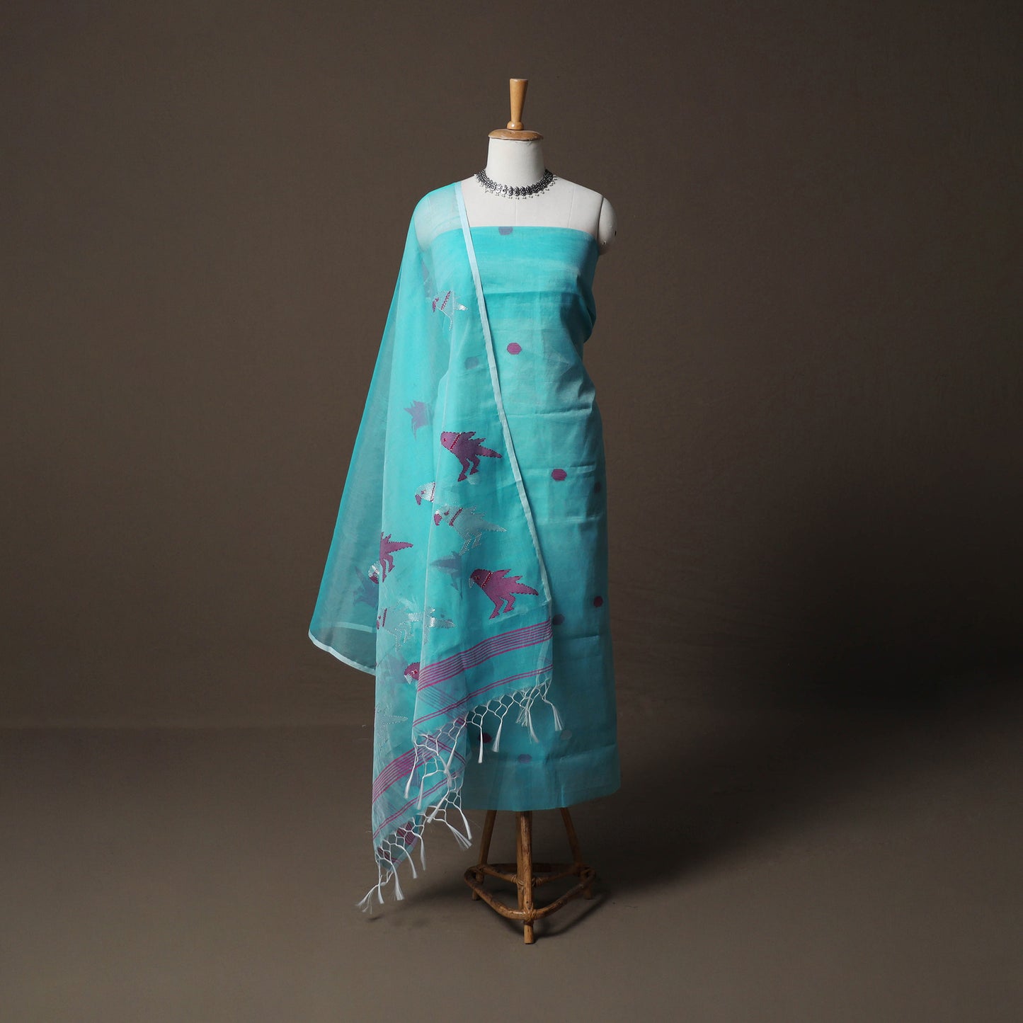 Handwoven Phulia Jamdani Muslin Silk 2pc Unstitched Dress Material Kurta Set 25