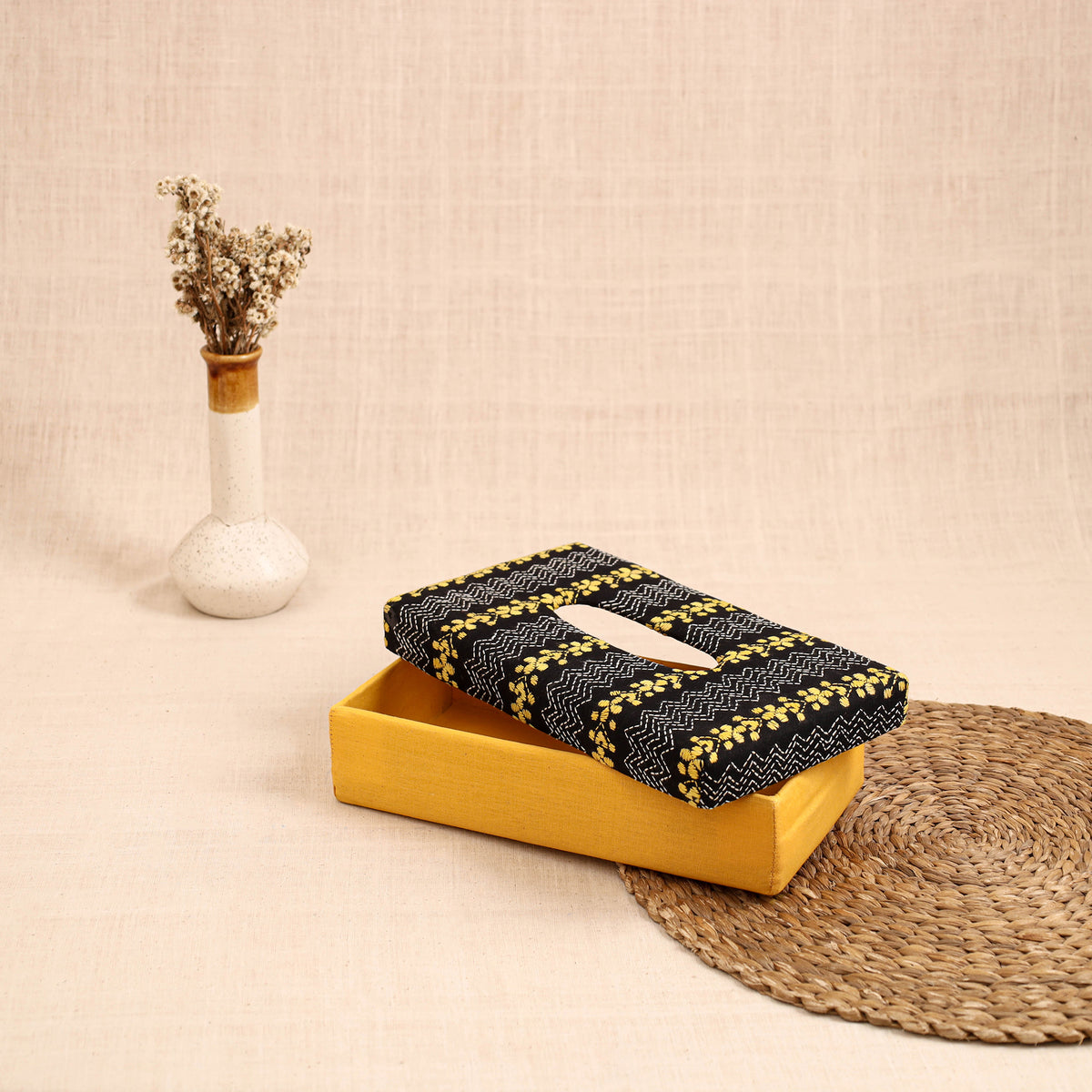 Yellow - handcrafted bengal kantha work tissue box 03