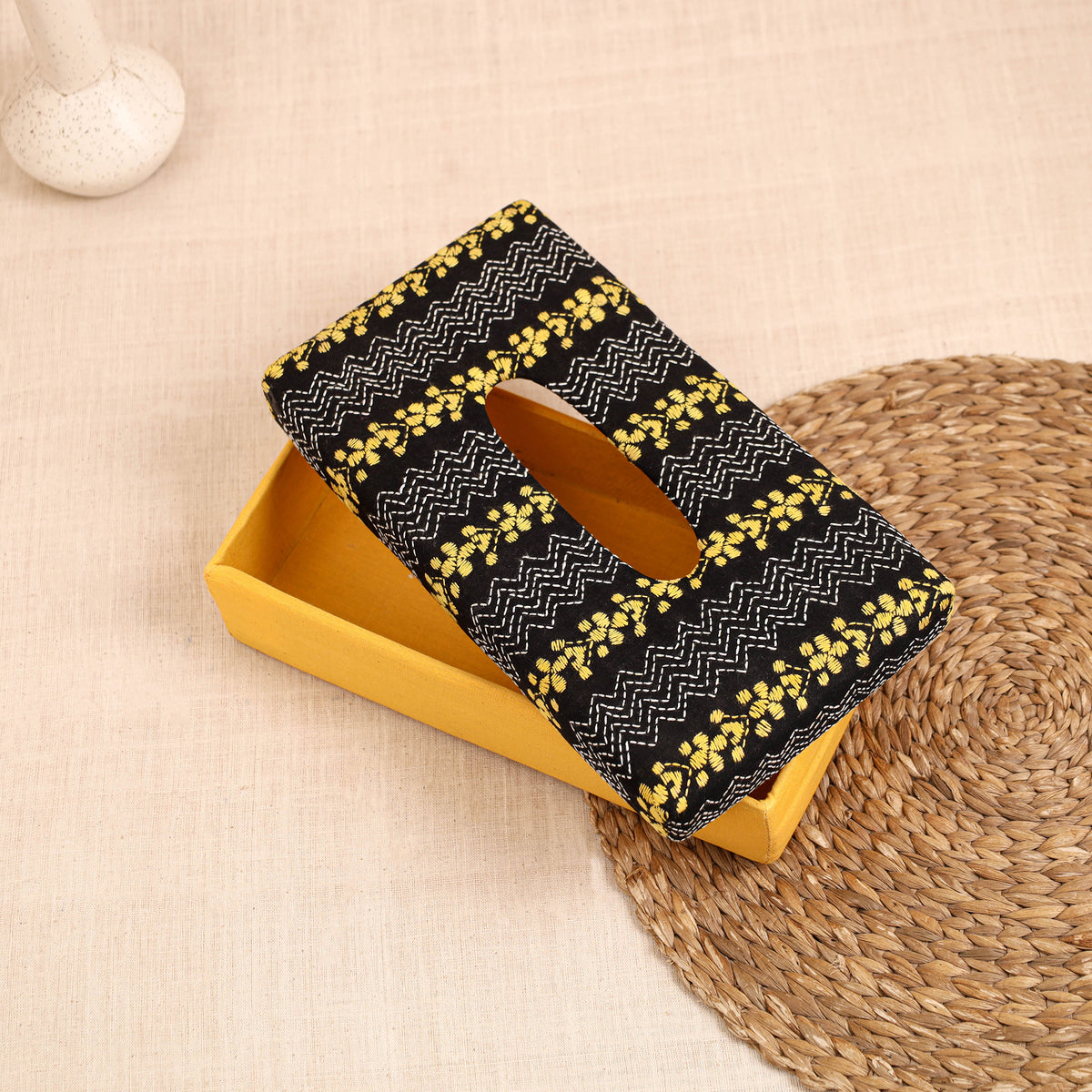 Yellow - handcrafted bengal kantha work tissue box 03