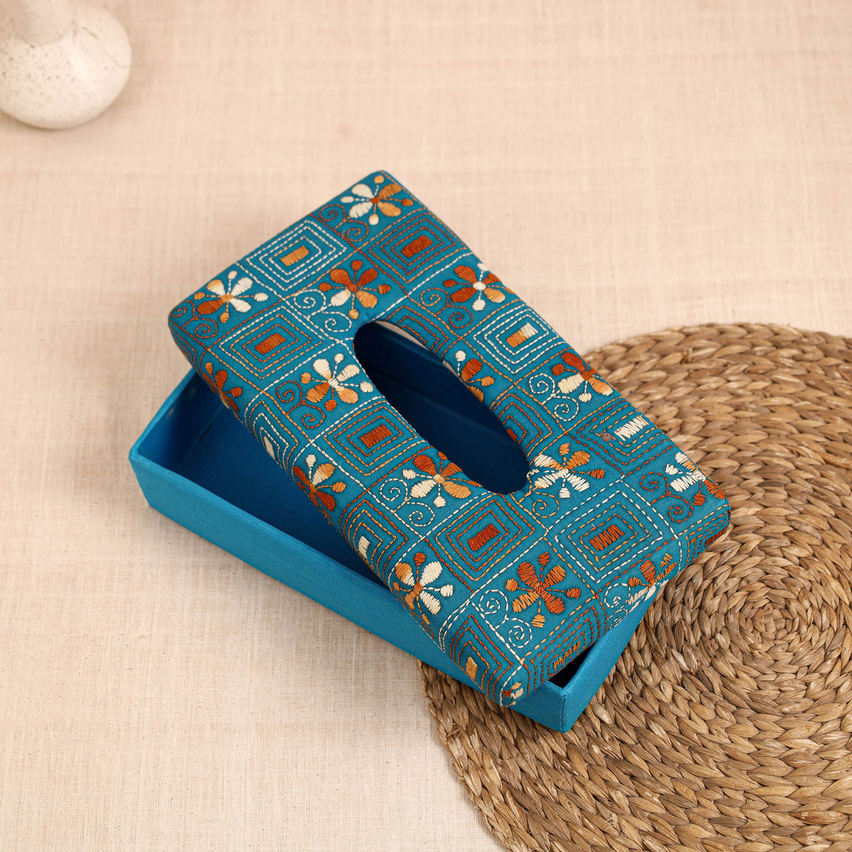 Blue - handcrafted bengal kantha work tissue box 04
