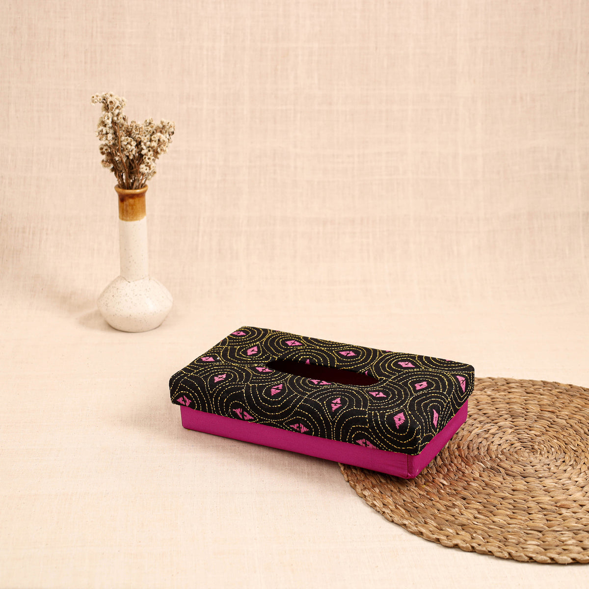 Pink - handcrafted bengal kantha work tissue box 05