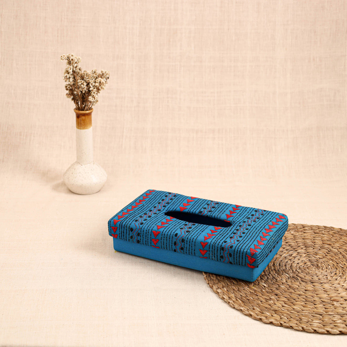 Blue - handcrafted bengal kantha work tissue box 07