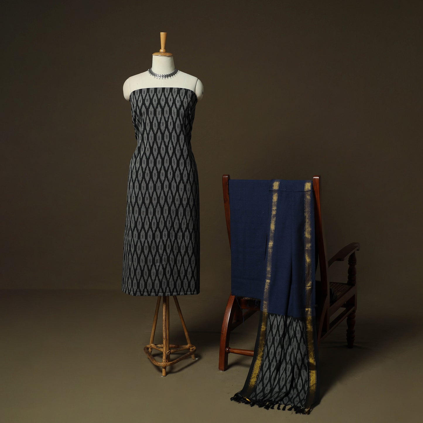 Black - Pochampally Ikat Weave 3pc Cotton Unstitched Dress Material Suit Set 08