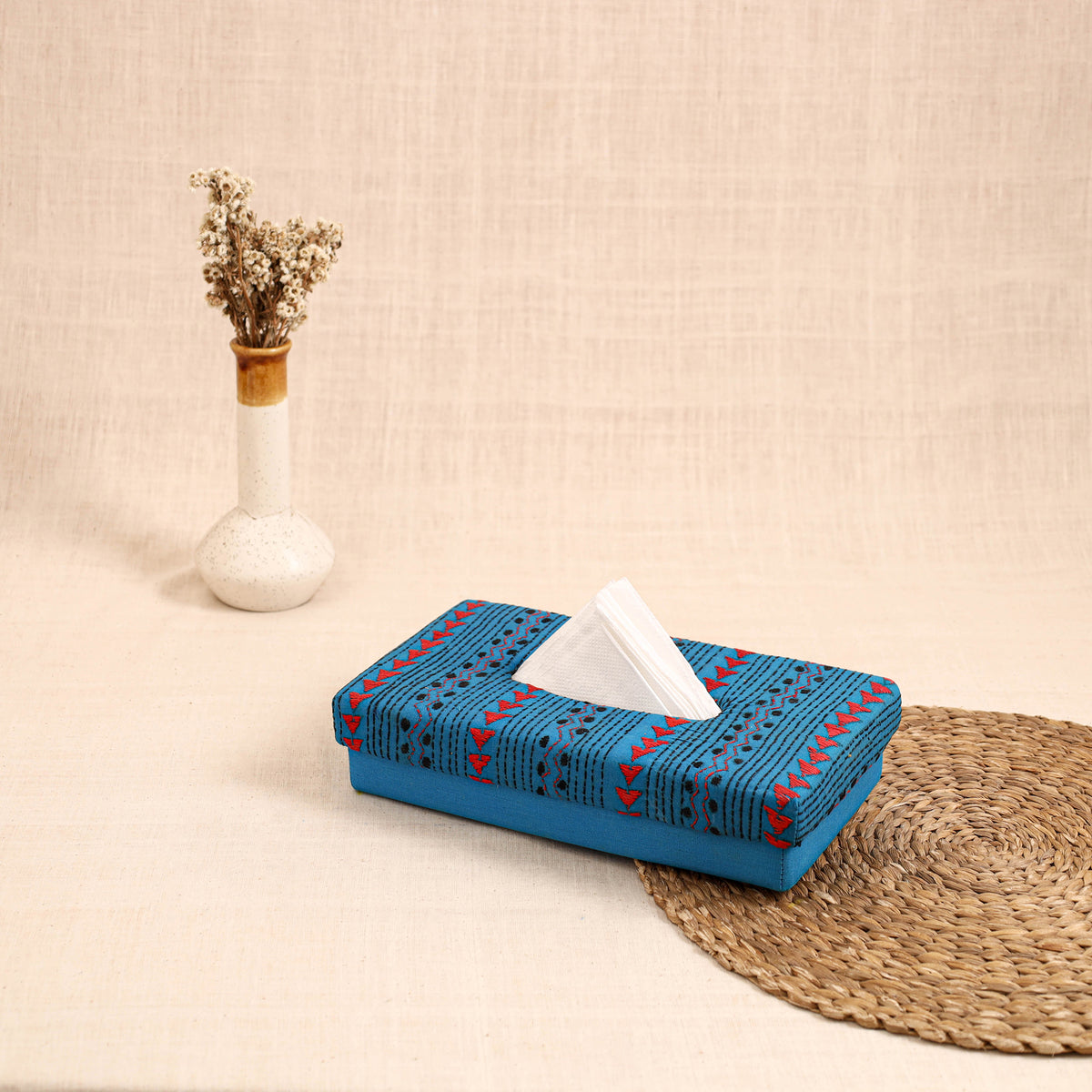 Blue - handcrafted bengal kantha work tissue box 07