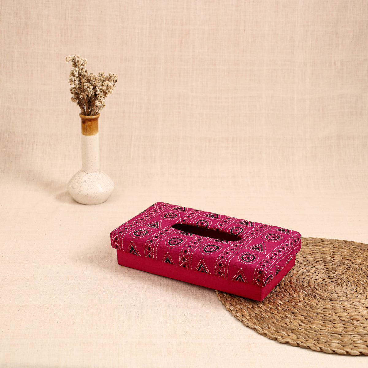 Pink - handcrafted bengal kantha work tissue box 08