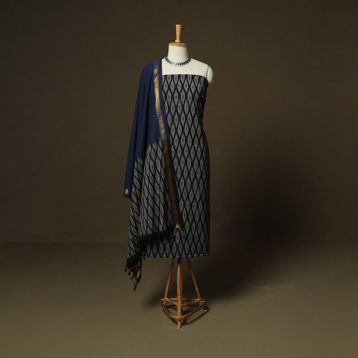 Black - Pochampally Ikat Weave 3pc Cotton Unstitched Dress Material Suit Set 08