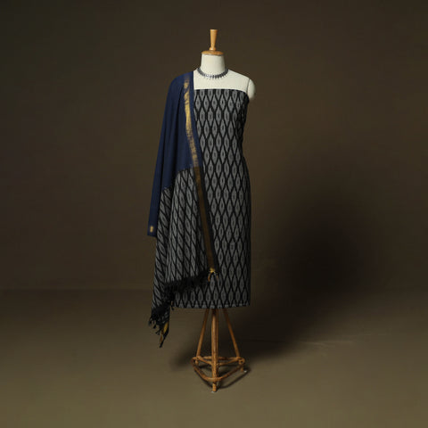 Black - Pochampally Ikat Weave 3pc Cotton Unstitched Dress Material Suit Set 08
