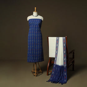 Blue - Pochampally Ikat Weave 3pc Cotton Unstitched Dress Material Suit Set 09