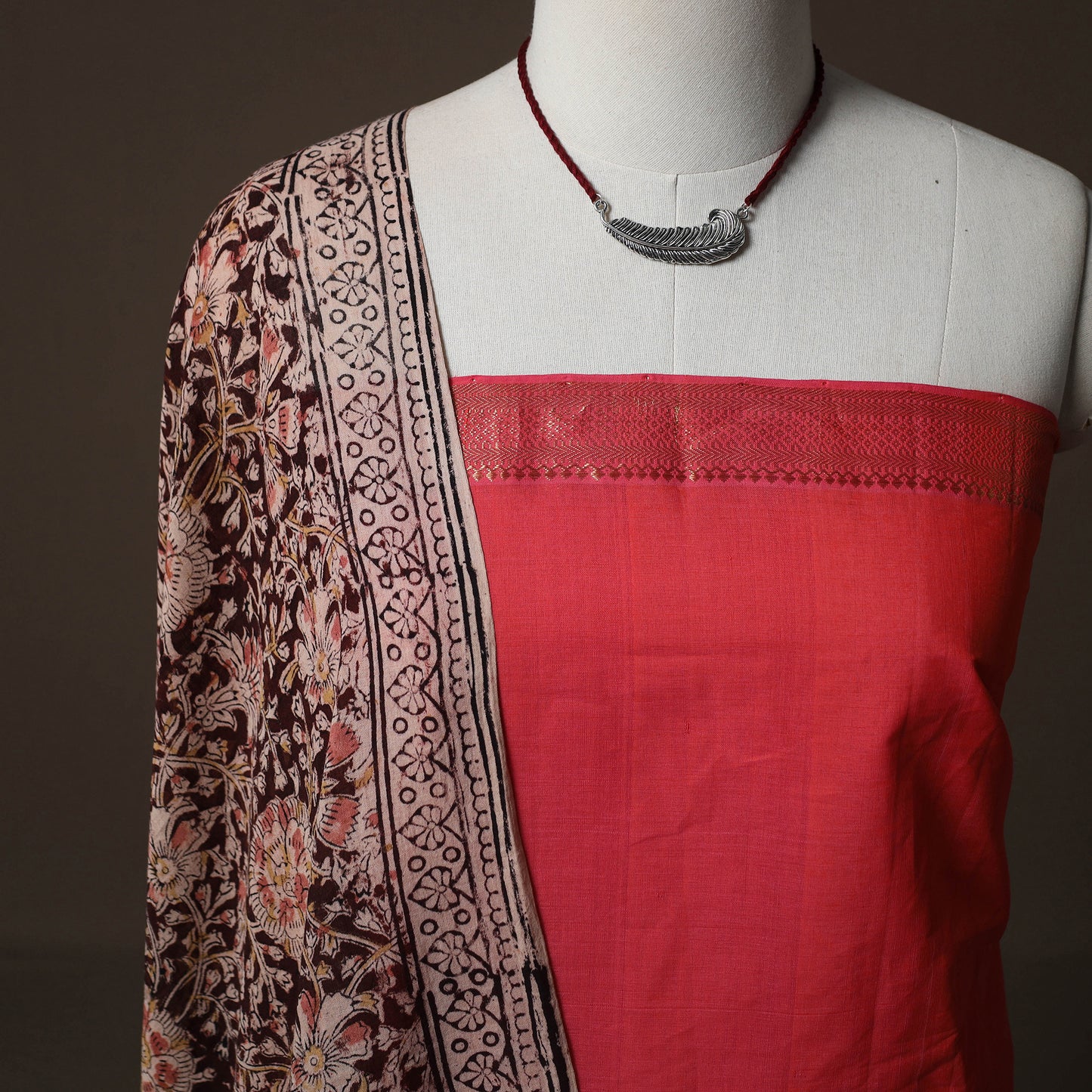 Mangalagiri Handwoven Cotton 2pc Unstitched Dress Material Kurta Set with Jewellery 17