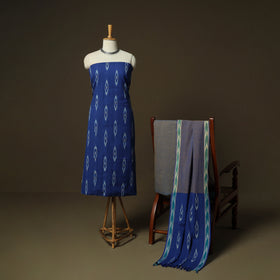 Blue - Pochampally Ikat Weave 3pc Cotton Unstitched Dress Material Suit Set 10