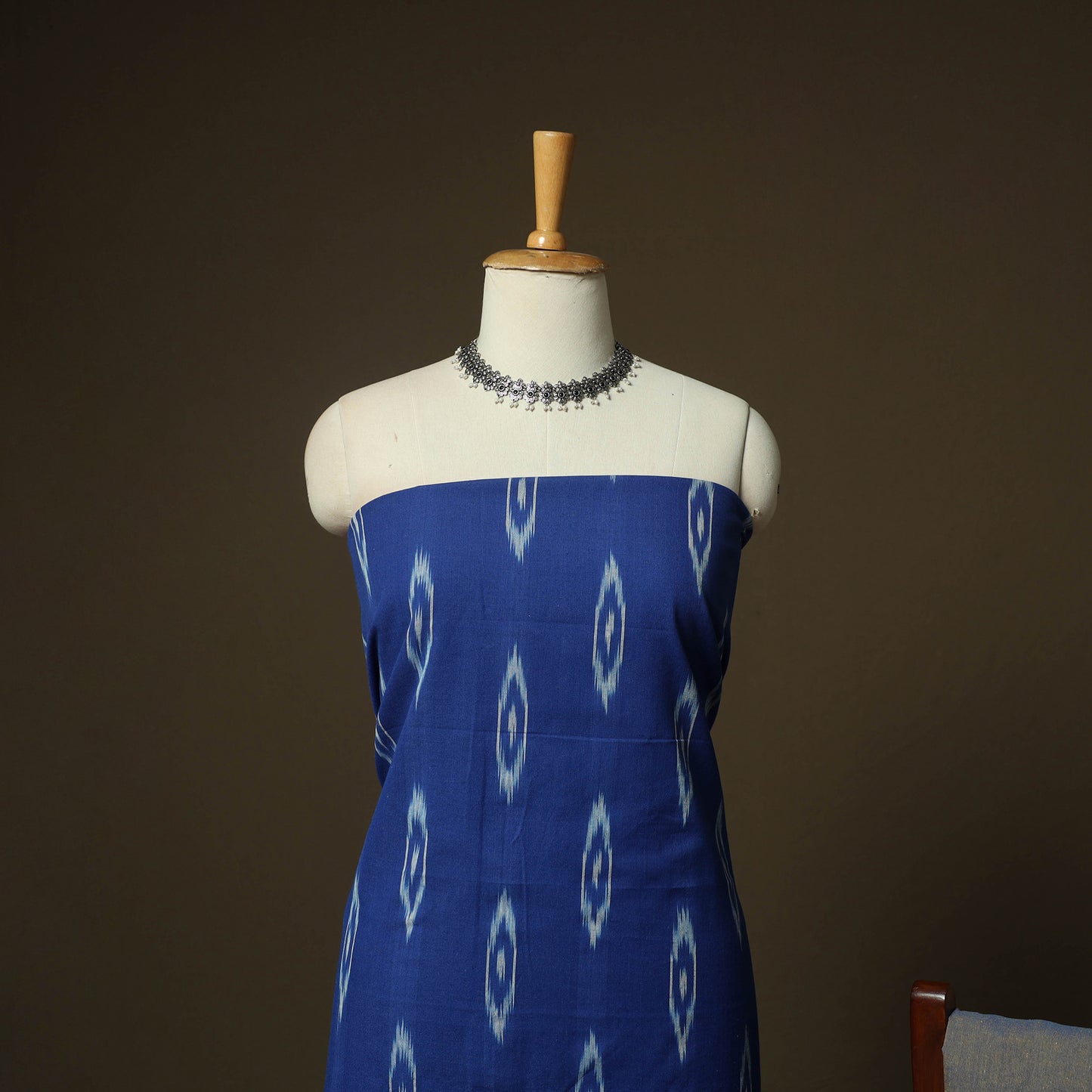 Blue - Pochampally Ikat Weave 3pc Cotton Unstitched Dress Material Suit Set 10