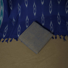 Blue - Pochampally Ikat Weave 3pc Cotton Unstitched Dress Material Suit Set 10
