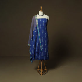 Blue - Pochampally Ikat Weave 3pc Cotton Unstitched Dress Material Suit Set 10