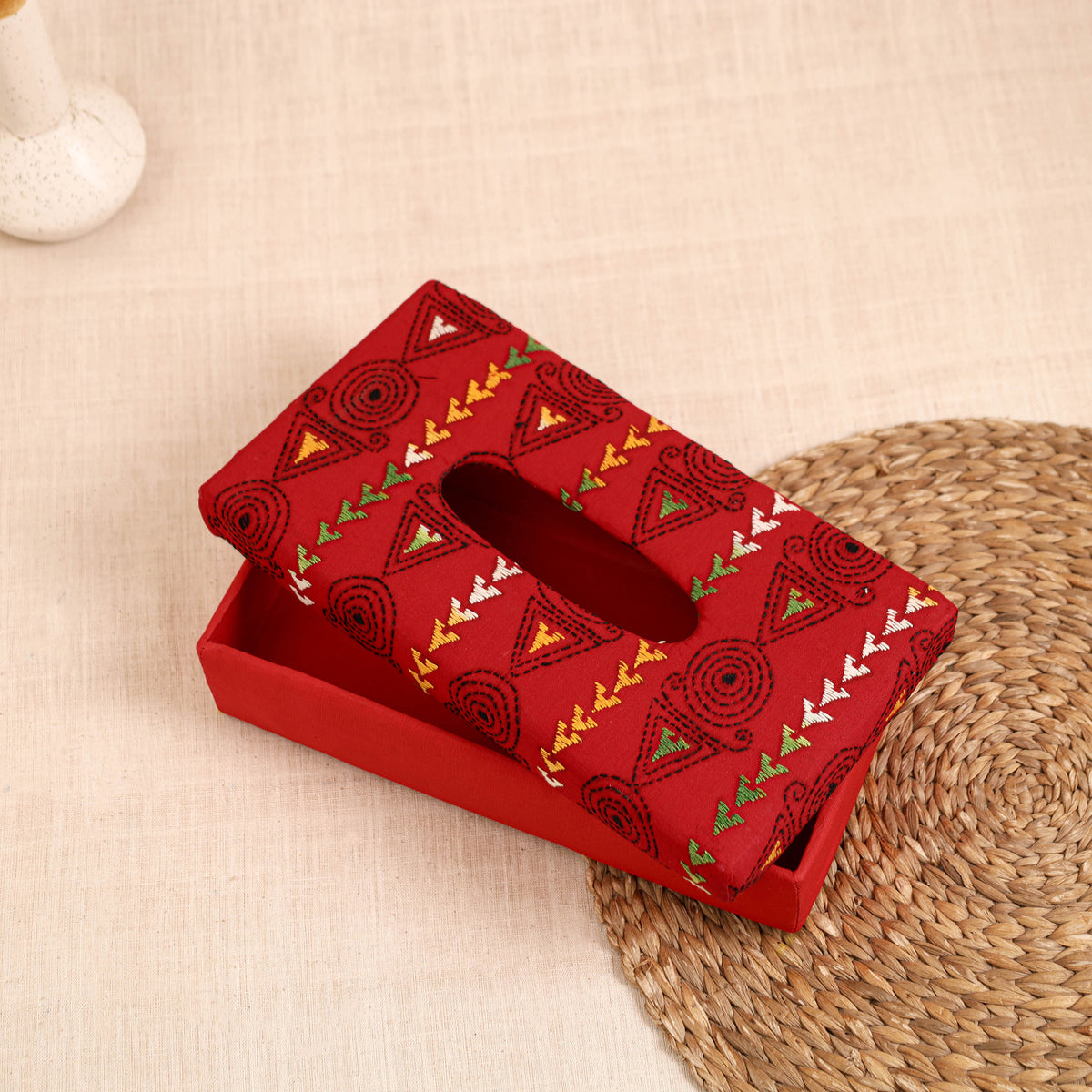 Red - handcrafted bengal kantha work tissue box 09