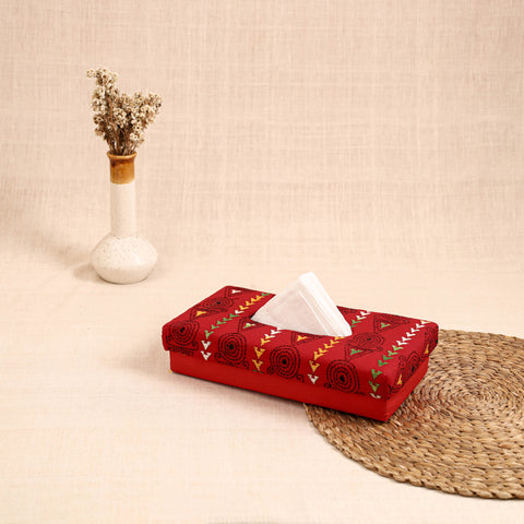 Red - handcrafted bengal kantha work tissue box 09