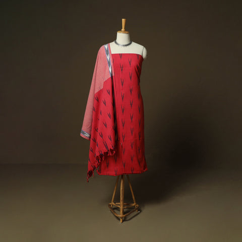 Red - Pochampally Ikat Weave 3pc Cotton Unstitched Dress Material Suit Set 11