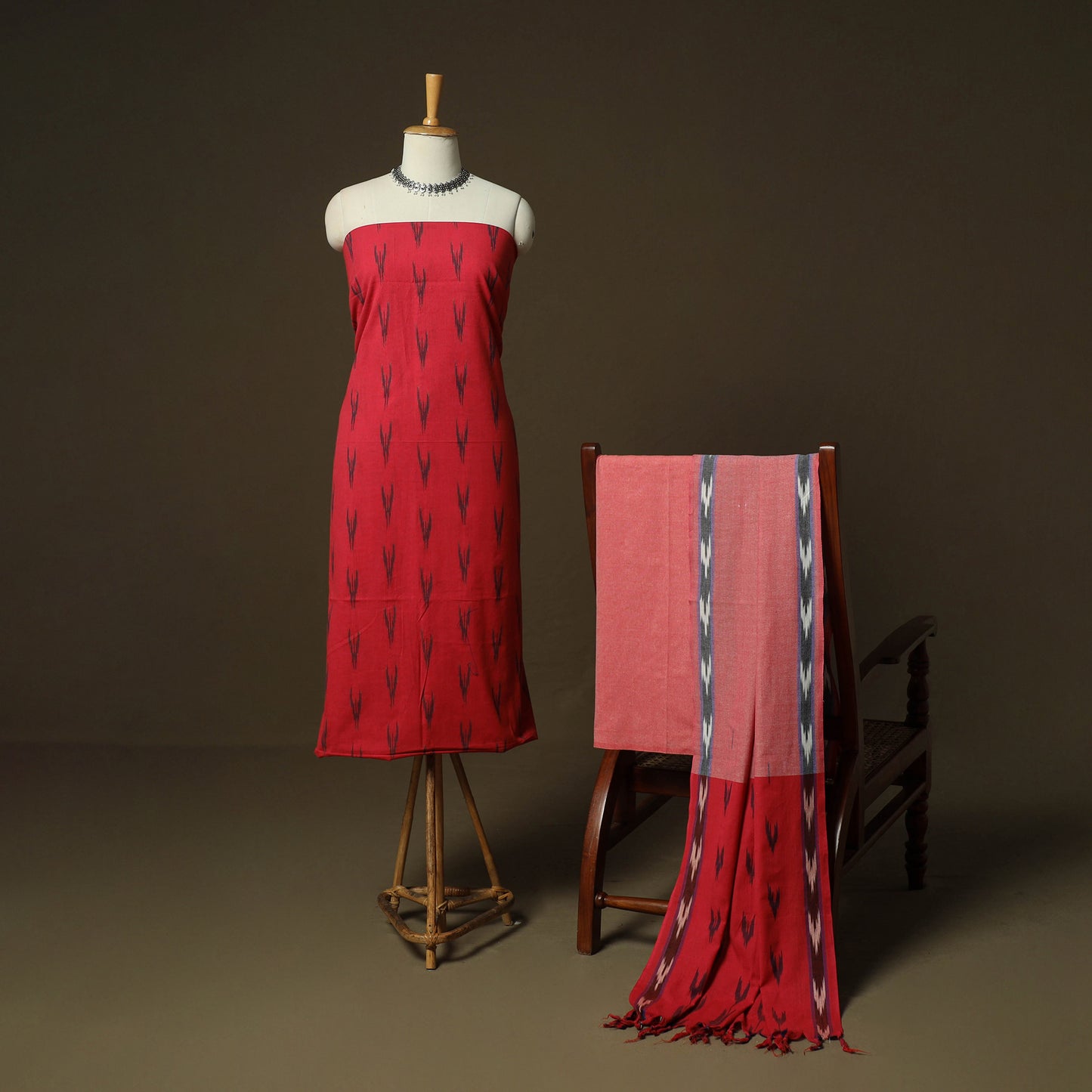 Red - Pochampally Ikat Weave 3pc Cotton Unstitched Dress Material Suit Set 11