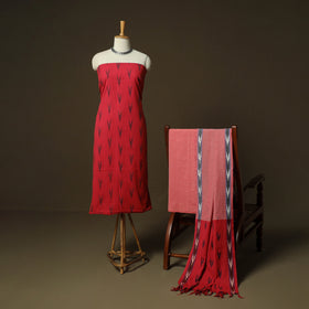 Red - Pochampally Ikat Weave 3pc Cotton Unstitched Dress Material Suit Set 11