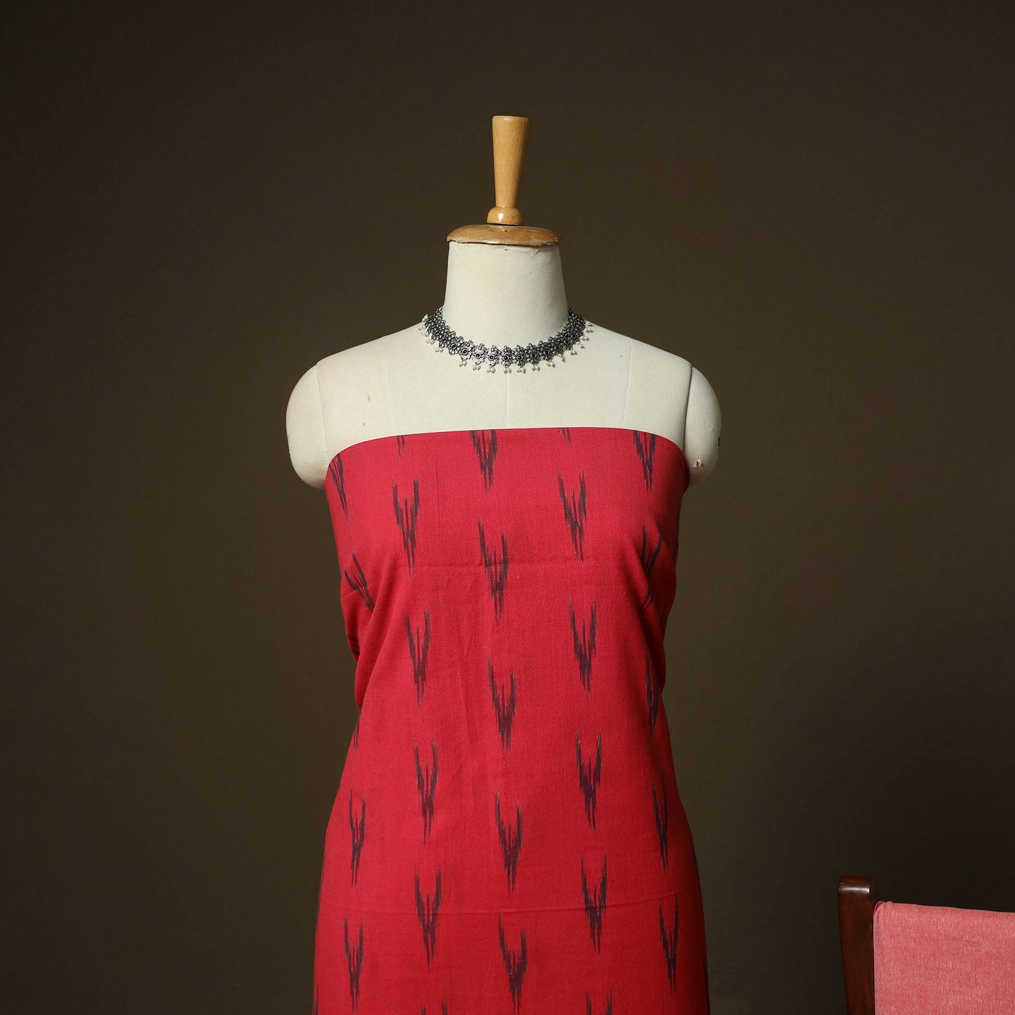 Red - Pochampally Ikat Weave 3pc Cotton Unstitched Dress Material Suit Set 11