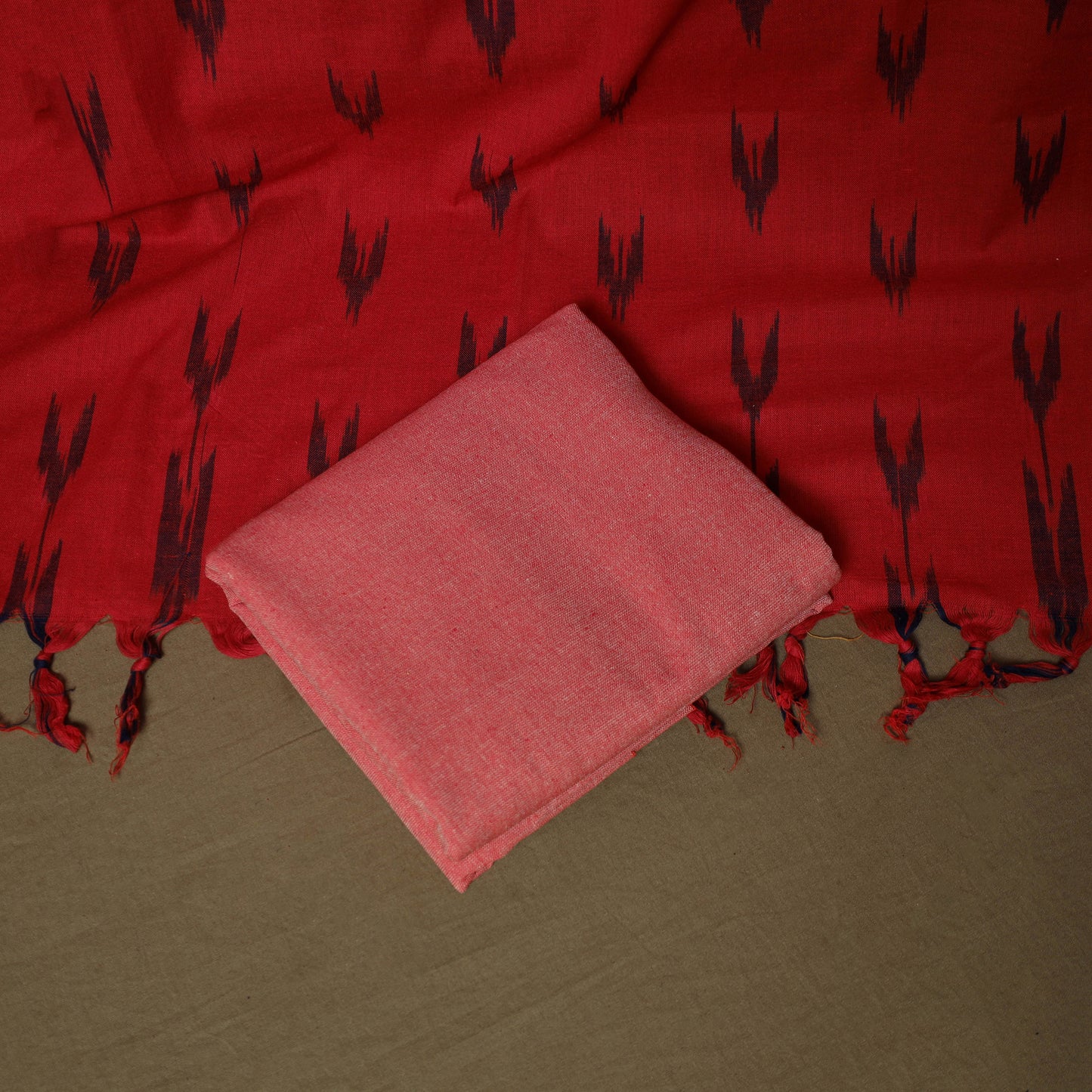 Red - Pochampally Ikat Weave 3pc Cotton Unstitched Dress Material Suit Set 11