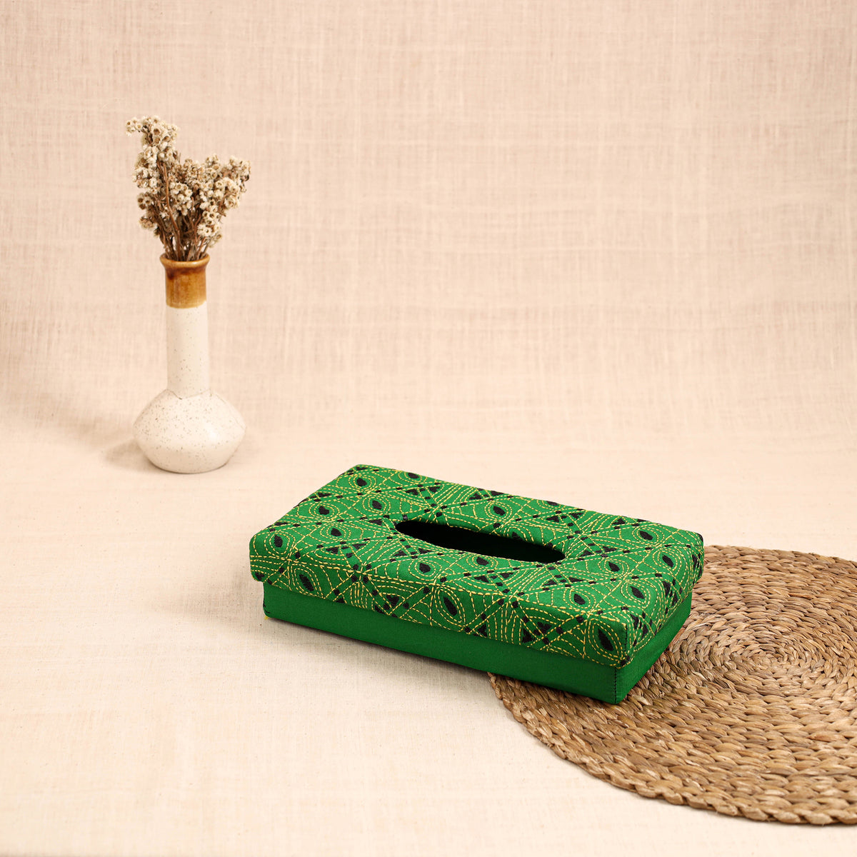 Green - Handcrafted Bengal Kantha Work Tissue Box 35