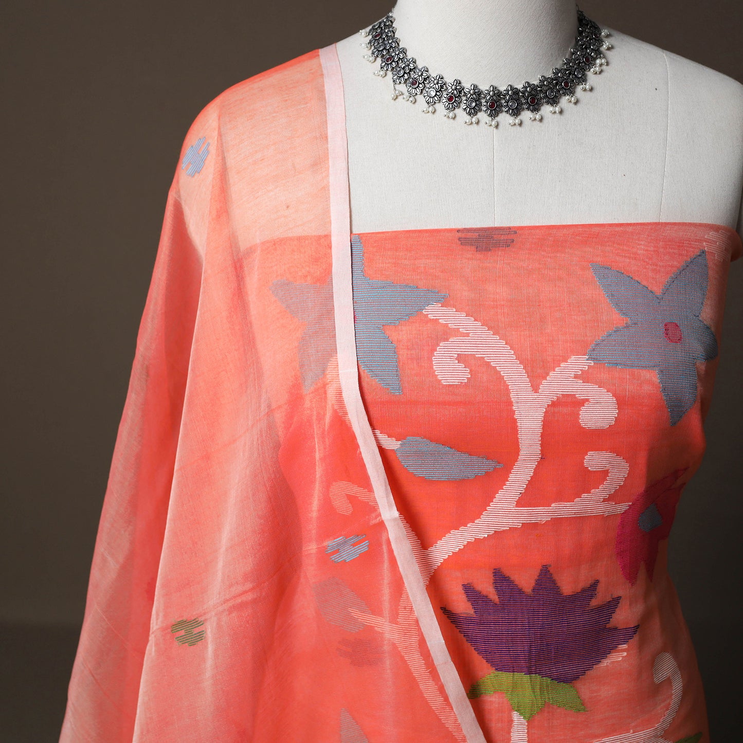 Handwoven Phulia Jamdani Muslin Silk 2pc Unstitched Dress Material Kurta Set 34