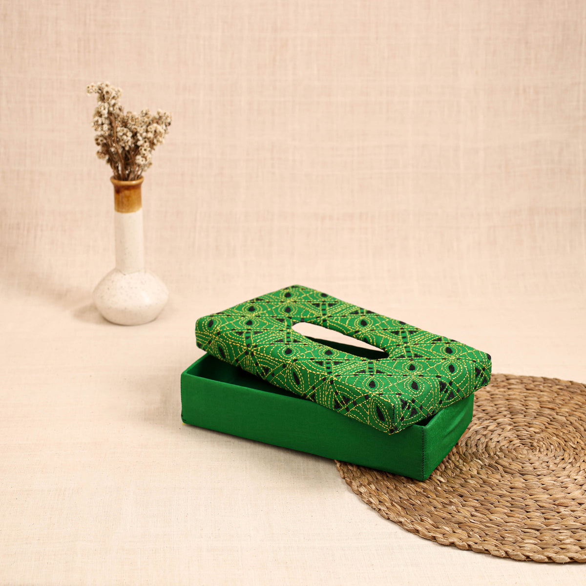 Green - Handcrafted Bengal Kantha Work Tissue Box 35