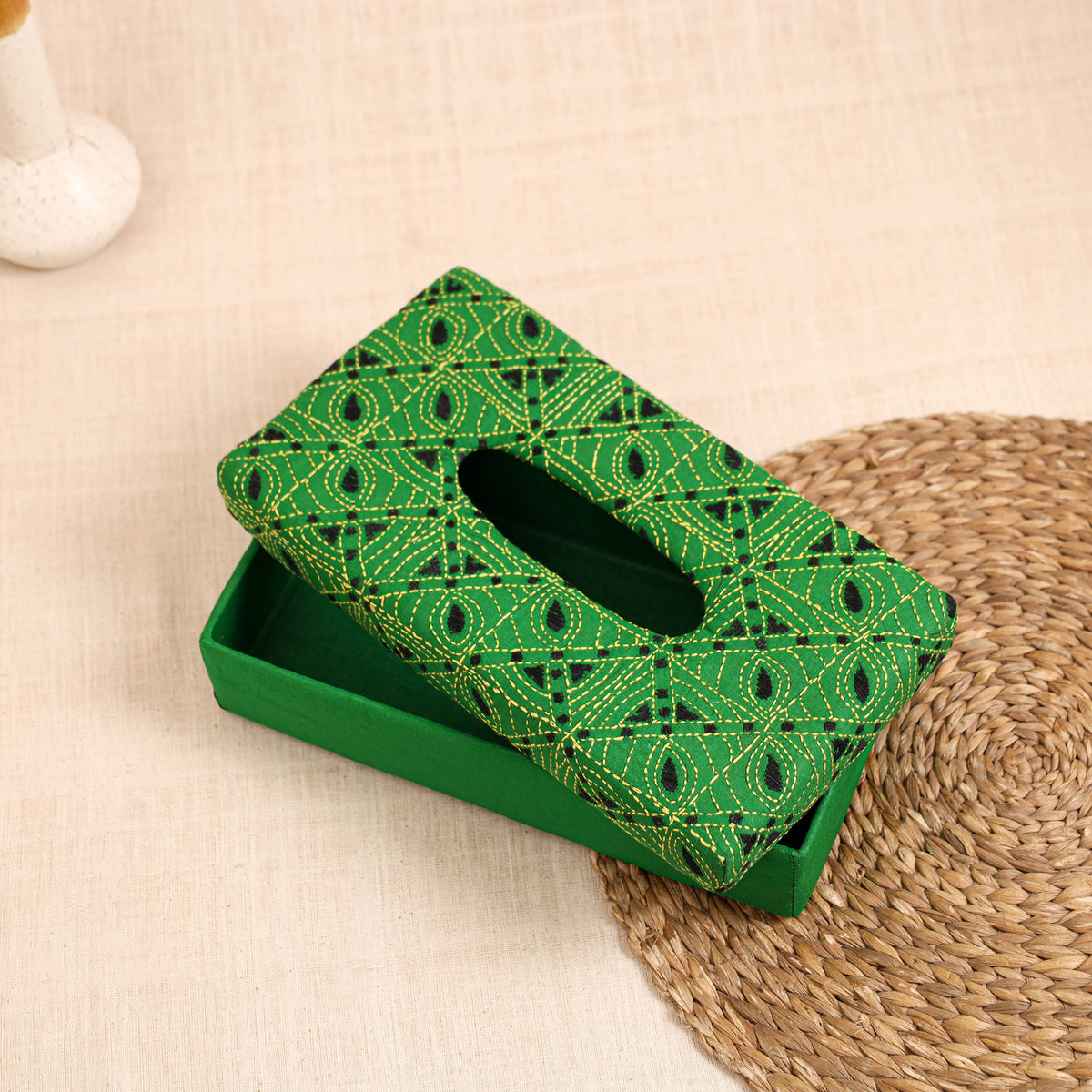 Green - Handcrafted Bengal Kantha Work Tissue Box 35