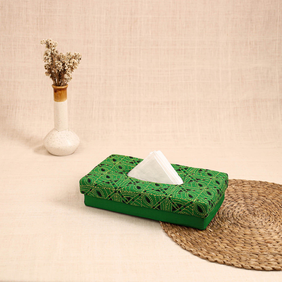 Green - Handcrafted Bengal Kantha Work Tissue Box 35