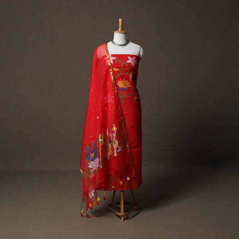 Handwoven Phulia Jamdani Muslin Silk 2pc Unstitched Dress Material Kurta Set 35