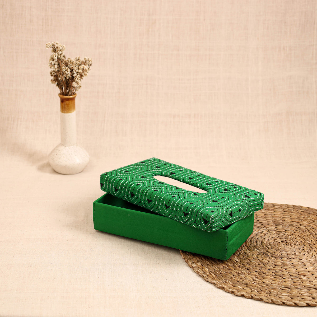 Green - Handcrafted Bengal Kantha Work Tissue Box 25