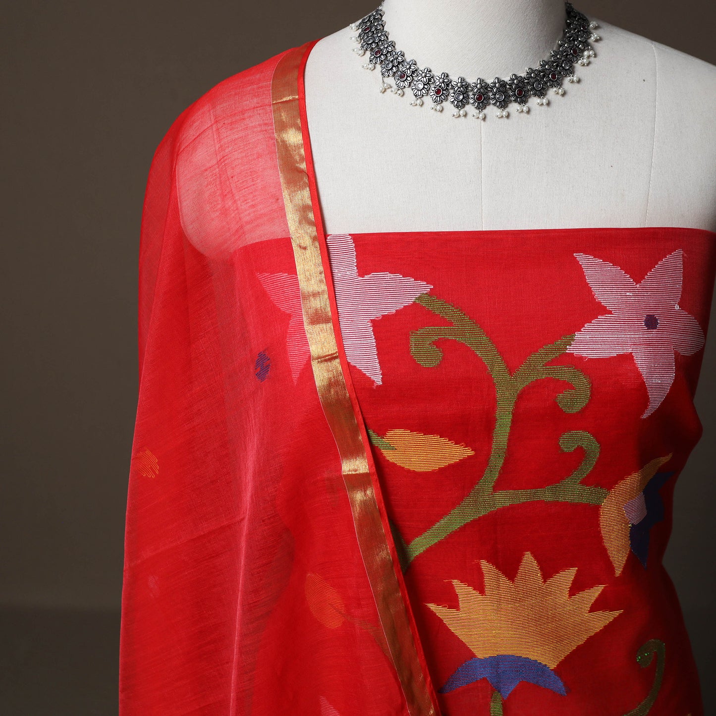 Handwoven Phulia Jamdani Muslin Silk 2pc Unstitched Dress Material Kurta Set 35
