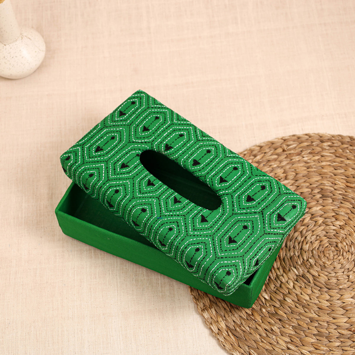 Green - Handcrafted Bengal Kantha Work Tissue Box 25