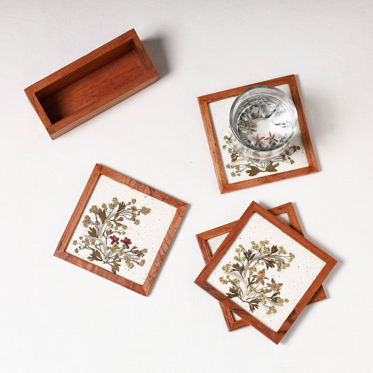Set of 4 - Flower Art Work Wooden Square Coasters with Stand (4 x 4 in)
