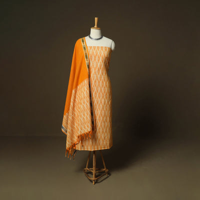 Orange - Pochampally Ikat Weave 3pc Cotton Unstitched Dress Material Suit Set 13