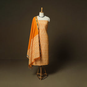 Orange - Pochampally Ikat Weave 3pc Cotton Unstitched Dress Material Suit Set 13