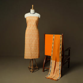 Orange - Pochampally Ikat Weave 3pc Cotton Unstitched Dress Material Suit Set 13