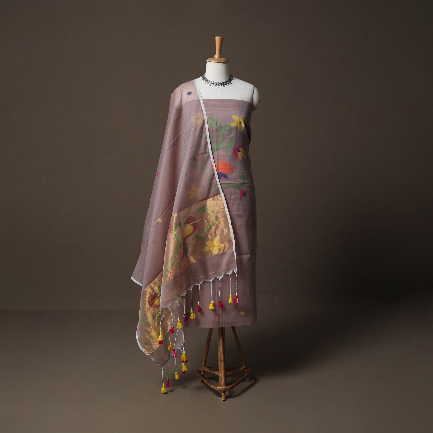 Handwoven Phulia Jamdani Muslin Silk 2pc Unstitched Dress Material Kurta Set 37