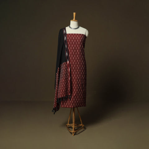 Maroon - Pochampally Ikat Weave 3pc Cotton Unstitched Dress Material Suit Set 14