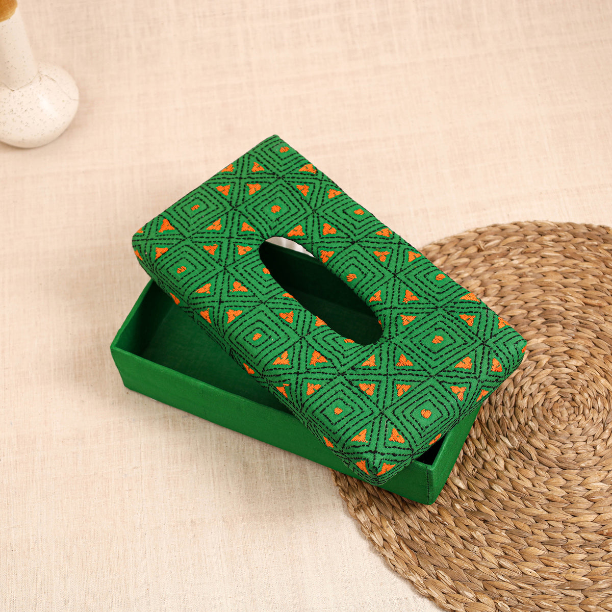 Green - handcrafted bengal kantha work tissue box 31