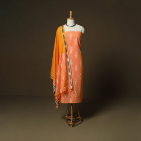 Orange - Pochampally Ikat Weave 3pc Cotton Unstitched Dress Material Suit Set 15