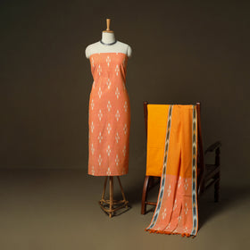 Orange - Pochampally Ikat Weave 3pc Cotton Unstitched Dress Material Suit Set 15