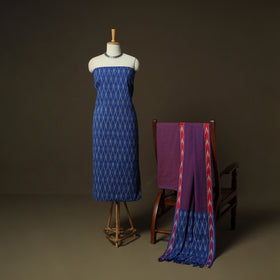 Blue - Pochampally Ikat Weave 3pc Cotton Unstitched Dress Material Suit Set 16