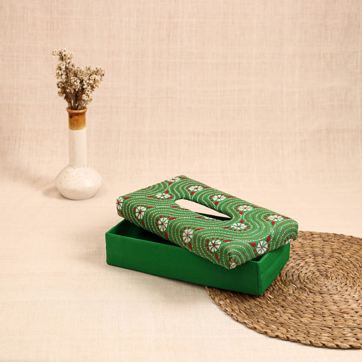 Green - handcrafted bengal kantha work tissue box 32