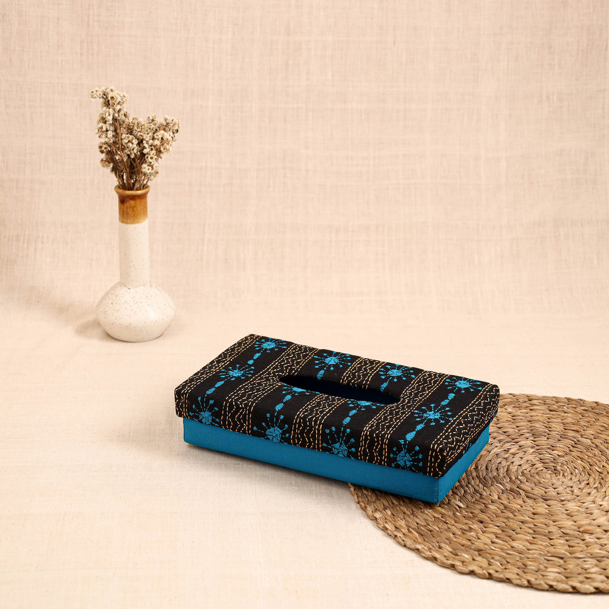 Blue - Handcrafted Bengal Kantha Work Tissue Box 28