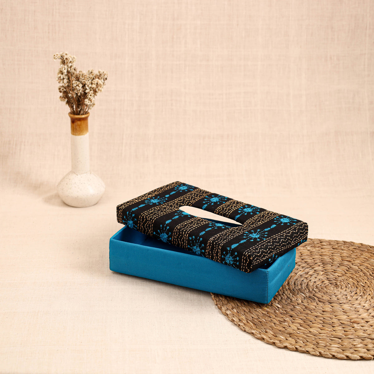 Blue - Handcrafted Bengal Kantha Work Tissue Box 28