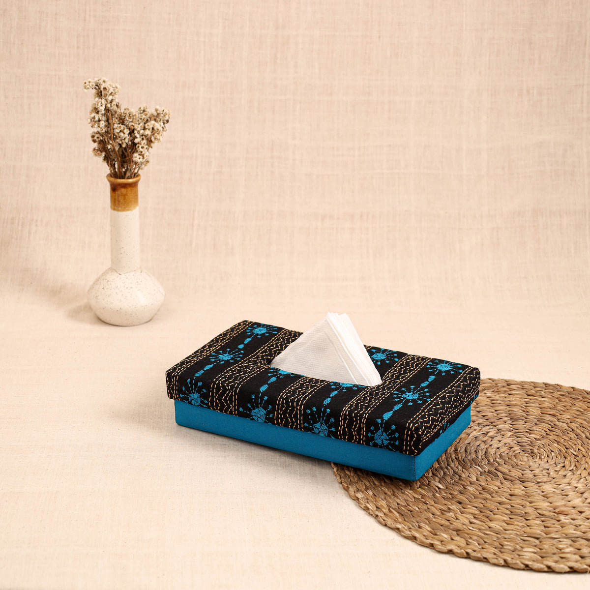 Blue - Handcrafted Bengal Kantha Work Tissue Box 28
