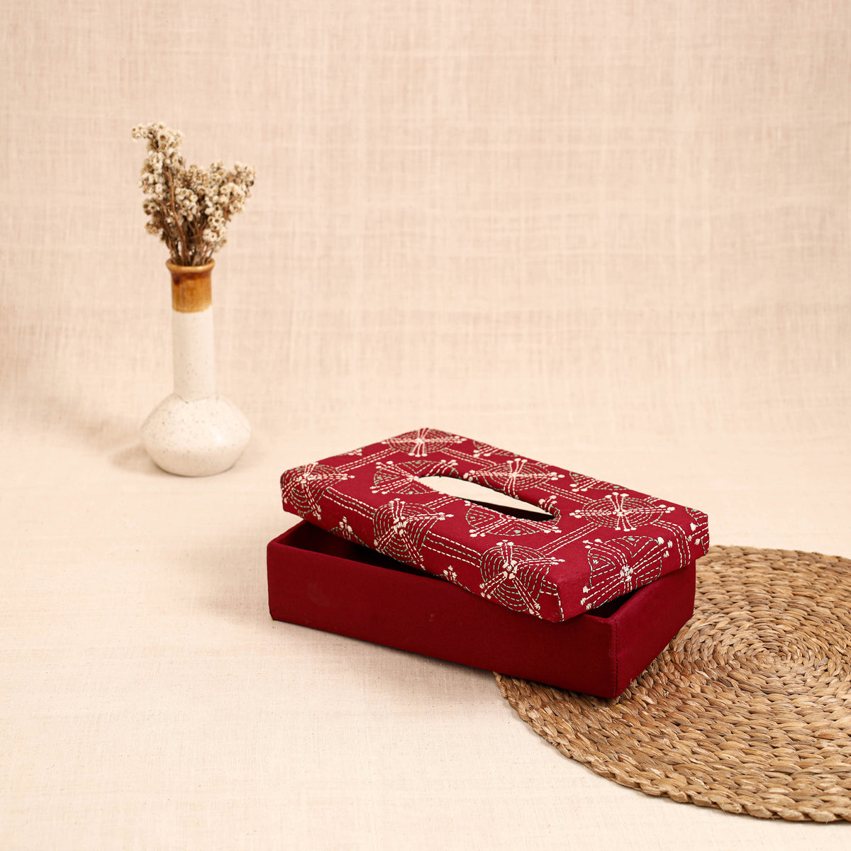 Red - handcrafted bengal kantha work tissue box 39